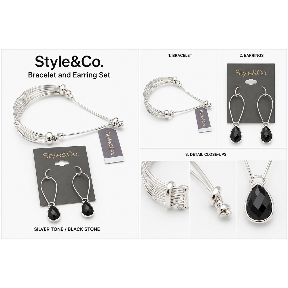 Style & Co Women Silver Tone Multi Strand Slide Bracelet Black Teardrop Earrings